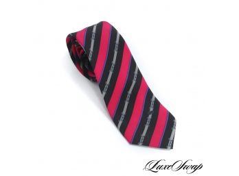 VINTAGE AUTHENTIC GUCCI MADE IN ITALY HOT PINK BLACK STRIPED HORSEBIT LINK SILK TIE