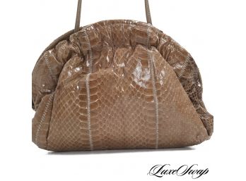THE CRAZY 80S! VINTAGE LIKE NEW CAPPUCCINO BROWN GENUINE SNAKESKIN PLEATED CONVERTIBLE CLUTCH BAG