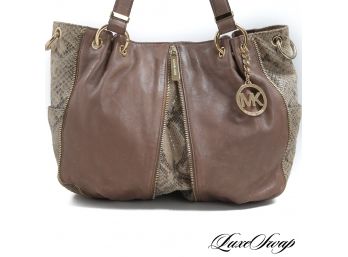 GREAT SHAPE! AUTHENTIC MICHAEL KORS MOCHA LEATHER AND PYTHON PRINT SLOUCHY TOTE BAG