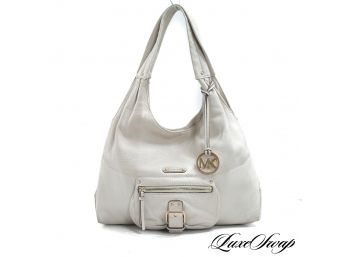 AUTHENTIC MICHAEL KORS CHALK WHITE SOFT LEATHER BUCKLE FRONT SLOUCHY TOTE BAG