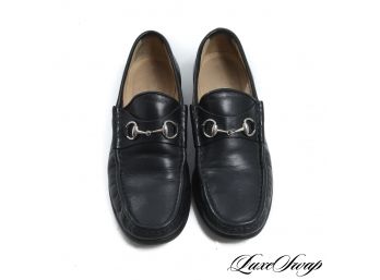 AUTHENTIC GUCCI MADE IN ITALY BLACK LEATHER SILVER HORSEBIT WOMENS LOAFERS