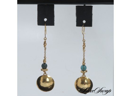 ONE BEAUTIFUL PAIR OF HALLMARKED YELLOW GOLD ORB DROP EARRINGS WITH GREEN STONE 7.4 GRAMS