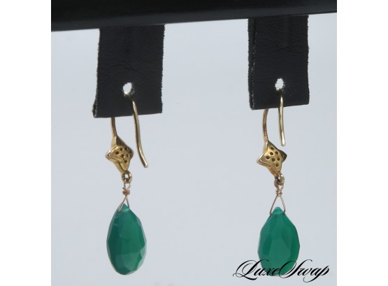 ONE GORGEOUS PAIR OF HALLMARKED 14K YELLOW GOLD, DIAMOND AND EMERALD DROP EARRINGS 3.9 GRAMS