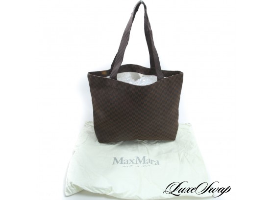AUTHENTIC LIKE NEW MAXMARA MADE IN ITALY CHOCOLATE BROWN JACQUARD CANVAS HOUNSTOOTH TOTE BAG