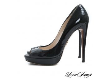 MEGAHOT! AUTHENTIC LIKE NEW PRADA MADE IN ITALY BLACK PATENT LEATHER PEEPTOE STILETTO SHOES