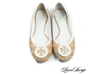 AUTHENTIC AND LIKE NEW TORY BURCH RAFFIA STRAW MONOGRAM COIN BALLET FLATS