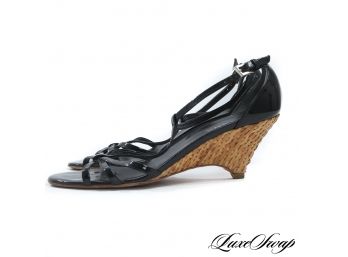 AUTHENTIC PRADA MADE IN ITALY BLACK PATENT LEATHER AND RAFFIA WEDGE SANDALS