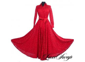 INCREDIBLE CAROLINA HERRERA RED LACE GROSGRAIN BELTED L/S GOWN