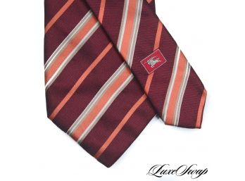 START HOLIDAY SHOPPING! AUTHENTIC BURBERRY MADE IN ITALY RUBY RED AND ORANGE STRIPED MENS SILK TIE