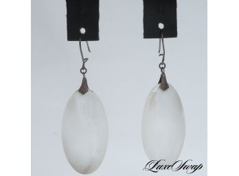 ONE BEAUTIFUL VINTAGE PAIR OF MOTHER OF PEARL OVAL EARRINGS WITH SILVER HARDWARE