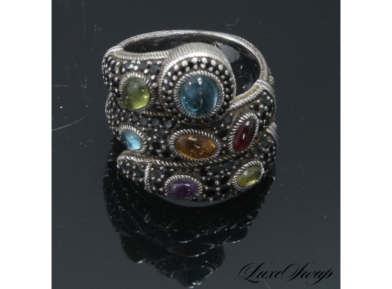 TRULY INCREDIBLE JUDITH RIPKA .925 STERLING SILVER SERPENTINE SNAKE RING WITH 7 CABOUCHON STONES .63G
