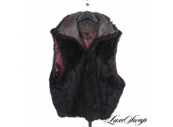 BOHO LUXE : AUTHENTIC ANDREW MARC DARK BROWN NEW ZEALAND OPOSSUM FUR AND LEATHER TRIMMED CHUBBY VEST