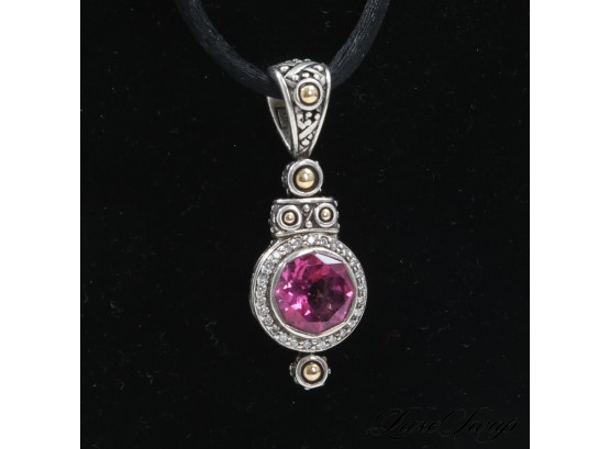 A MAGNIFICENT HALLMARKED 18K &LIKELY STERLING SILVER PENDANT NECKLACE WITH PINK STONE ON BLACK SILK CORD .41