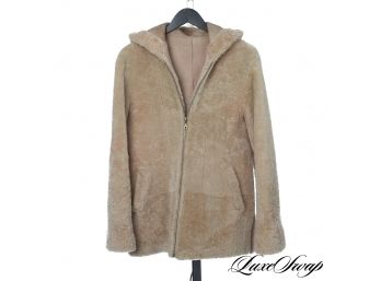 OMG WOW - LIKE NEW OLIVERI LES MAREES NATURAL TAN FULL SOFT UNSTRUCTURED UNLINED SHEARLING HOODED COAT