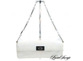 AUTHENTIC ESCADA MADE IN ITALY CHALK WHITE SMALL BAG WITH SILVER MONOGRAM CHAIN STRAP