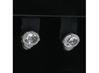 MAGNIFICENT JUDITH RIPKA .925 STERLING SILVER AND FACETED OVAL ROCK CRYSTAL BRAIDED EARRINGS .52G