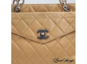 THE STAR OF THE SHOW : AUTHENTIC CHANEL CLASSIC TAN CAVIAR LEATHER CC TURNLOCK SHOULDER BAG W/COA