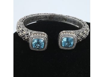MASSIVE INCREDIBLE HALLMARKED 18K YELLOW GOLD & 925 STERLING SILVER CUFF BRACELET WITH BLUE TOPAZ STONES 2.03G