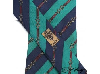 AUTHENTIC VINTAGE GUCCI MADE IN ITALY NAVY BLUE EMERALD HORSEBIT SILK MENS TIE