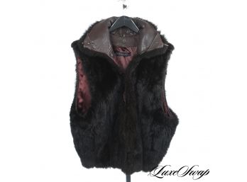 BOHO LUXE : AUTHENTIC ANDREW MARC DARK BROWN NEW ZEALAND OPOSSUM FUR AND LEATHER TRIMMED CHUBBY VEST