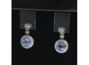 MAGNIFICENT JUDITH RIPKA .925 STERLING SILVER AND 14K GOLD TRIPLE DROP EARRINGS WITH BLUE STONES .43G