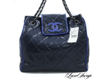 THE STAR OF THE SHOW : BRAND NEW WITH TAGS AUTHENTIC CHANEL MARINE BLUE QUILTED LAMBSKIN LARGE BAG