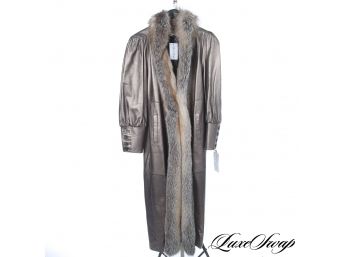 VERY RARE VINTAGE DEADSTOCK NWT 1980'S GIOVANEZZA PEWTER RUCHED LEATHER AND FOX FUR FLOOR LENGTH COAT
