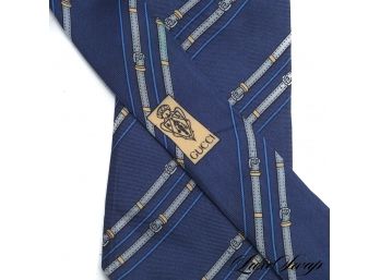 AUTHENTIC VINTAGE GUCCI MADE IN ITALY NAVY BLUE BELT STRIPED SILK MENS TIE