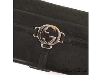 AUTHENTIC GUCCI MADE IN ITALY BLACK PERFORATED LEATHER SILVER GG MONOGRAM CLUTCH WALLET
