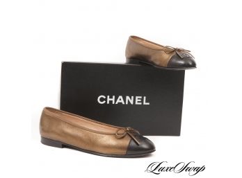 SHOWSTOPPPERS : AUTHENTIC $625 CHANEL GOLD AND BLACK LEATHER BALLERINA FLATS WITH ORIGINAL BOX 36
