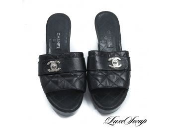 COME TO MAMA : AUTHENTIC AND AMAZING CHANEL BLACK LEATHER QUILTED SILVER CC TURNLOCK SHOES 38.5