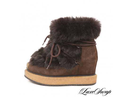 SO CUTE : $450 LIKE NEW WITHOUT BOX PALOMA BARCELO BROWN SUEDE AND GENUINE FUR INUIT CREPE SOLE BOOTS 36