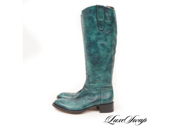 WHAT A COLOR! $400+ ROCCO P. MADE IN ITALY LIKE NEW TEAL MOTTLED PATINA LEATHER TALL BOOTS 37