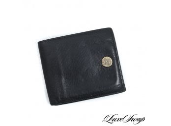 AUTHENTIC YSL RIVE GAUCHE MADE IN ITALY BLACK LEATHER MENS BIFOLD WALLET WITH GOLD MONOGRAM COIN