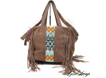 LIKE NEW WITH TAGS HIPANEMA KINGSTON MOCHA SUEDE BAG WITH SOUTHWESTERN BEADED AND TURQUOISE DETAILS