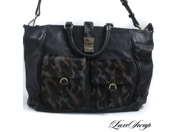 MODERN VIA REPUBLICCA MADE IN ITALY BLACK LEATHER LARGE SATCHEL BAG WITH PONYSKIN CAMOUFLAGE POCKETS