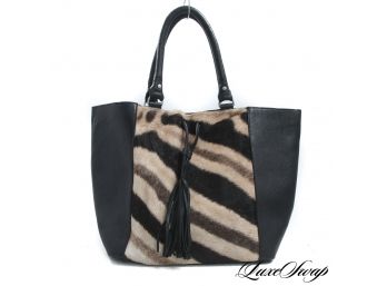 KILLER RARITY HANDBAGS MADE IN SOUTH AFRICA BLACK TUMBLED UNLINED LEATHER SATCHEL WITH FUR PANEL