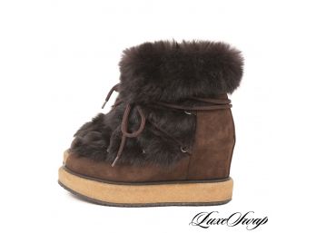 SO CUTE : $450 LIKE NEW WITHOUT BOX PALOMA BARCELO BROWN SUEDE AND GENUINE FUR INUIT CREPE SOLE BOOTS 36