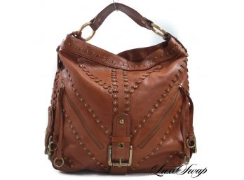 AUTHENTIC AND LIKE NEW ISABELLA FIORE CARAMEL LEATHER HEAVYWEIGHT BRASS RIVETED SHOULDER BAG