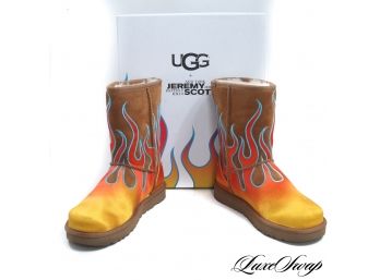 RARE $395 LIKE NEW IN BOX 1X WORN UGG X JEREMY SCOTT CLASSIC SHORT SHEARLING BOOTS WITH SATIN FLAMES WOW! 6
