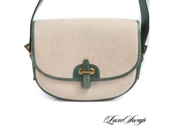 EXTREMELY RARE AUTHENTIC VINTAGE HERMES MADE IN FRANCE TOILE & GREEN LEATHER SHORT CROSSBODY BAG