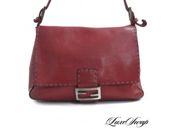 AUTHENTIC FENDI MADE IN ITALY MUTED RED TUMBLED LEATHER TOPSTITCHED FF MONOGRAM FLAP BAG
