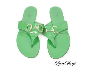 FREAKING AWESOME AND AUTHENTIC GUCCI MADE IN ITALY GREEN PATENT LEATHER HORSEBIT THONG SANDALS 7