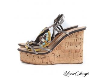 SUPER HOT : AUTHENTIC GIUSEPPE ZANOTTI DESIGN CORK SOLE WEDGE SANDALS WITH CRYSTAL EMBROIDERY 38