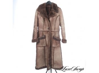SUPERFREAKINGAWESOME : NEAR MINT VINTAGE 1970S LONG NATURAL TOASTED SHEARLING FUR FITTED DB COAT