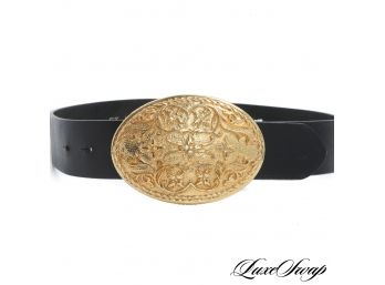 MASSIVE ST. JOHN MADE IN ITALY BLACK LEATHER GOLD FILAGREE WESTERN INSPIRED OVAL BELT 32
