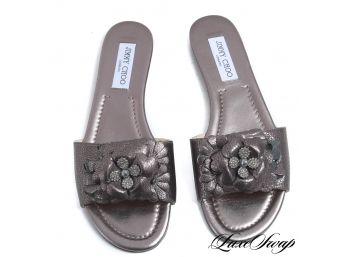 VIRTUALLY BRAND NEW 1X WORN AUTHENTIC JIMMY CHOO PLATINUM METALLIC LEATHER FLORAL SLIDES WITH CRYSTALS 39