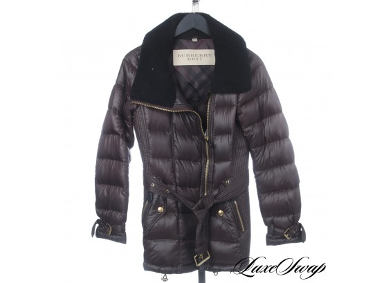 HEAVY HITTERS : AUTHENTIC AND LIKE NEW BURBERRY ESPRESSO GOOSE DOWN QUILTED LONG COAT WITH SHEARLING COLLAR S