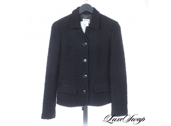 GO LOOK UP THE FULL RETAIL ON THIS : AGNONA SOFT BLACK BOUCLE TWEED JACKET WITH NAPPA LEATHER TRIMS 42
