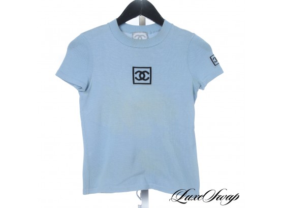 YOU NEVER GET THESE : AUTHENTIC CHANEL BABY BLUE STRETCH KNIT IDENTIFICATION TOP WITH GIANT CC LOGO 36